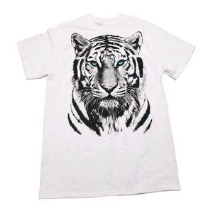 Humor Men White Tiger Print Graphic T-Shirt Black Blue Eyes Animal Size M Medium